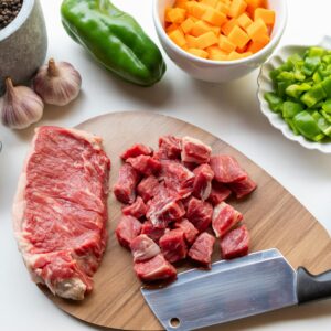 A variety of fresh ingredients including beef, vegetables, and seasonings ready for a homemade stew.